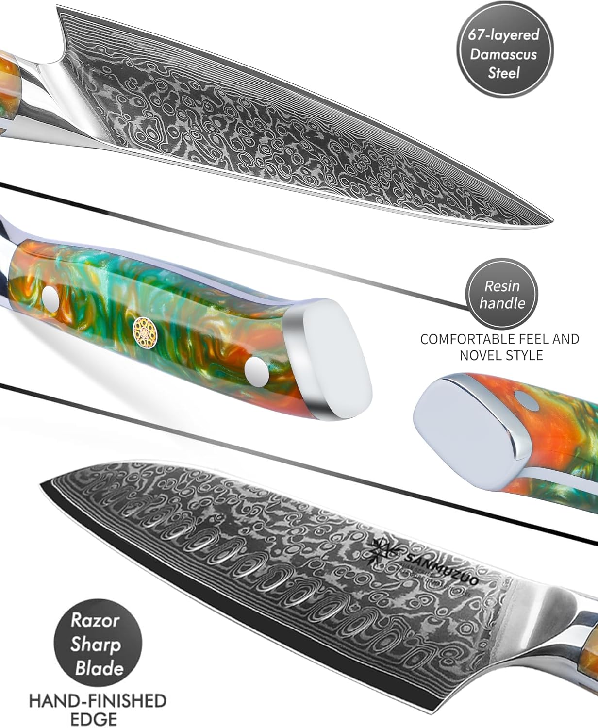 Steak Knives Set of 4, Ultra Sharp Non Serrated Kitchen Steak Knife 5 Inch - Damascus Steel & Resin Handle - Xuan Series (Sapphire Blue)