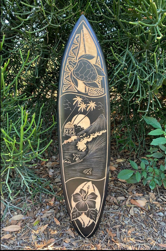 The Tiki Stop Hand Carved Wooden Surfboard Wall Plaque, Tropical Island Scene with Sea Turtle and Hibiscus, 39 x 10 inches