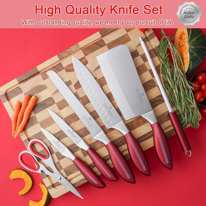 8-Pieces Kitchen Knife Set,Sharp Knife Sets with Sharpener and 360° Rotating Block,Non-stick Stainless Steel Knife set for Kitchen,Anti-Rust Dishwasher Safe kitchen sets (Red)