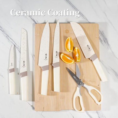 ZHANG XIAO QUAN Knife Set with White Block, High Carbon Stainless Steel Sharp Blades, Built-in Sharpener Kitchen Knife Block Set for Home Cooking