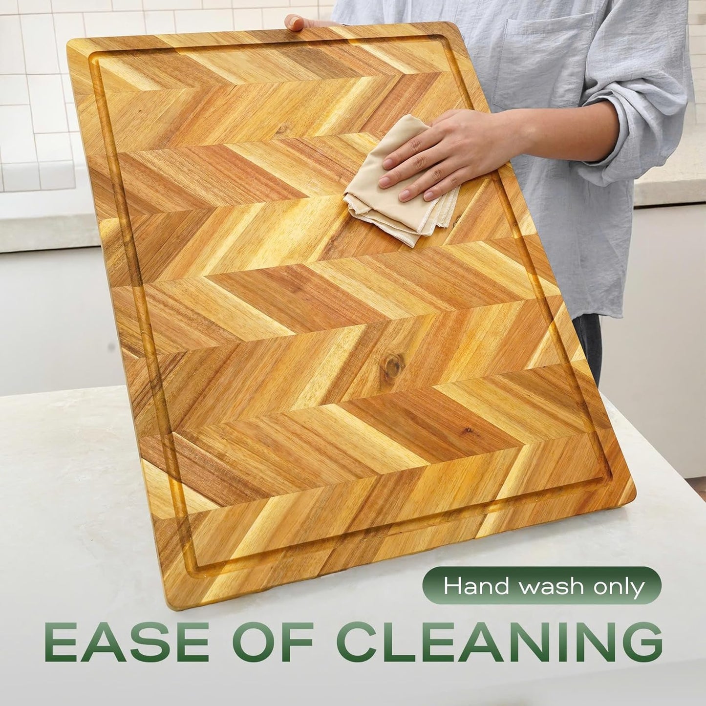 Howizz Acacia Wood Large Cutting Board, Thick End Grain Solid Wood Butcher Block For Kitchen, Non Toxic Pre-Oiled Carving Tray w/Juice Grooves and Easy Grip Handle, 20"x15"x1" (Gift-Ready Box)