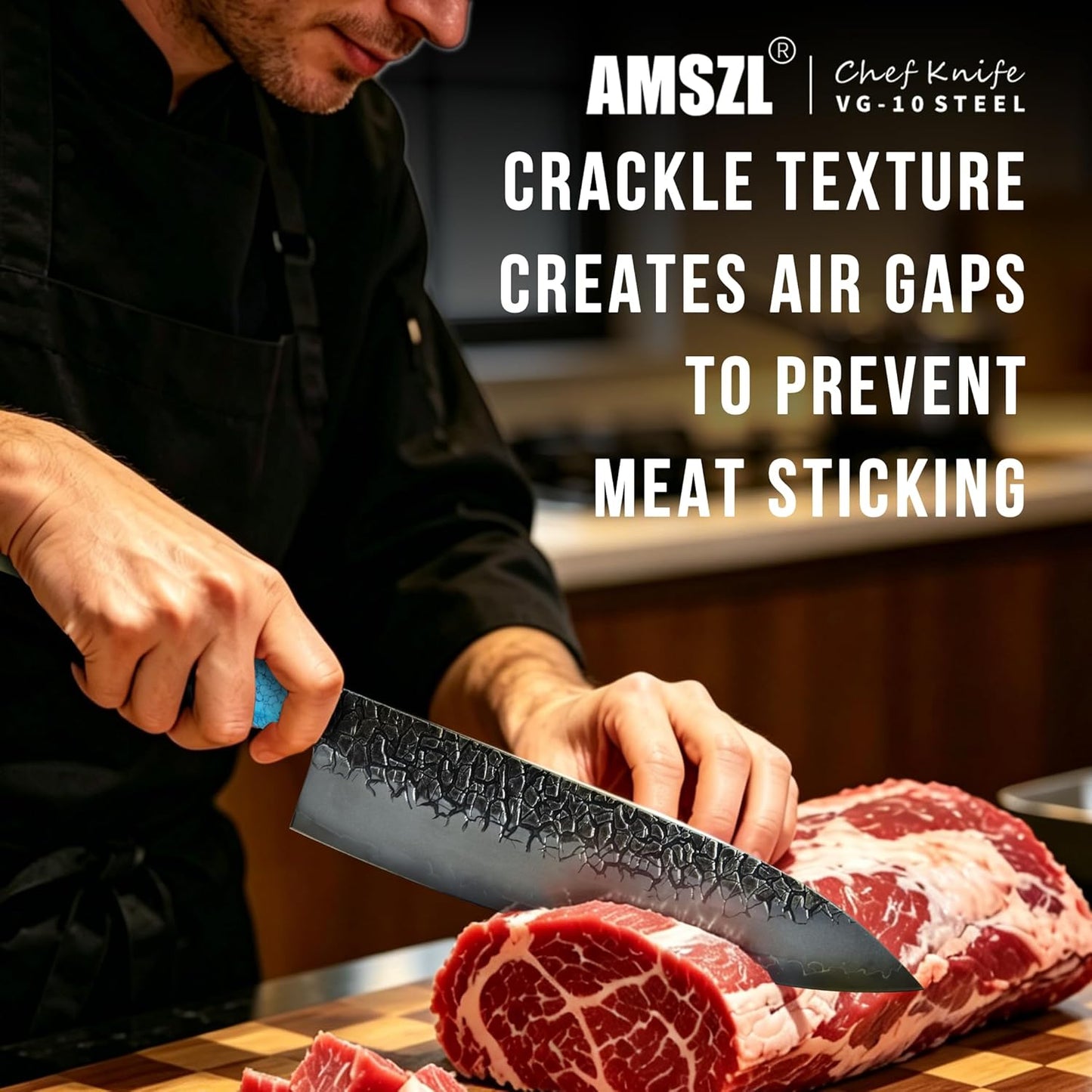 Japanese 8" Forged Chef Knife for Kitchen, Razor Sharp VG10 Steel Core with 5-Layer High Carbon Finish, Hammered Cracked Pattern, Ebony Handle with Turquoise (White)