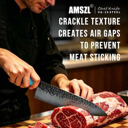 Japanese 8" Forged Chef Knife for Kitchen, Razor Sharp VG10 Steel Core with 5-Layer High Carbon Finish, Hammered Cracked Pattern, Ebony Handle with Turquoise (White)