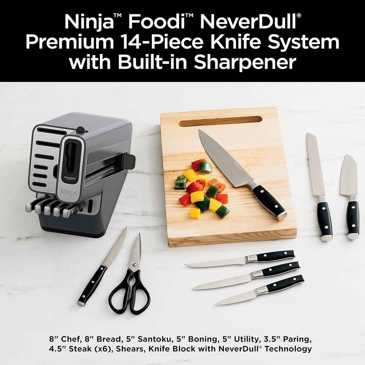 Ninja K32012 Foodi NeverDull Premium Knife System, 12 Piece Knife Block Set with Built-in Sharpener, German Stainless Steel Knives, Black