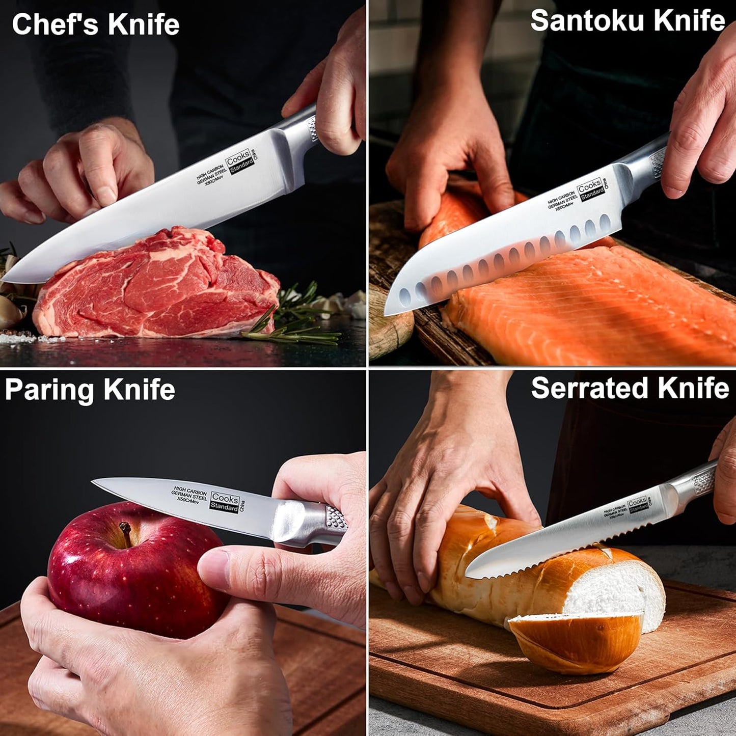 Cooks Standard Kitchen Knife Set with Block 6-Piece, Stainless Steel Forge High Carbon German Blade with Expandable Bamboo Storage Block for Extra Slots, Silver