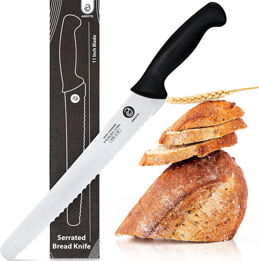ABIOTO Serrated Bread Knife for Homemade Bread Sourdough - Perfect 11-Inch Sourdough Bread Knife Made of High Carbon Stainless Steel X30 Cr13 with One-Sided Sharp Serrations and Ergonomic Handle