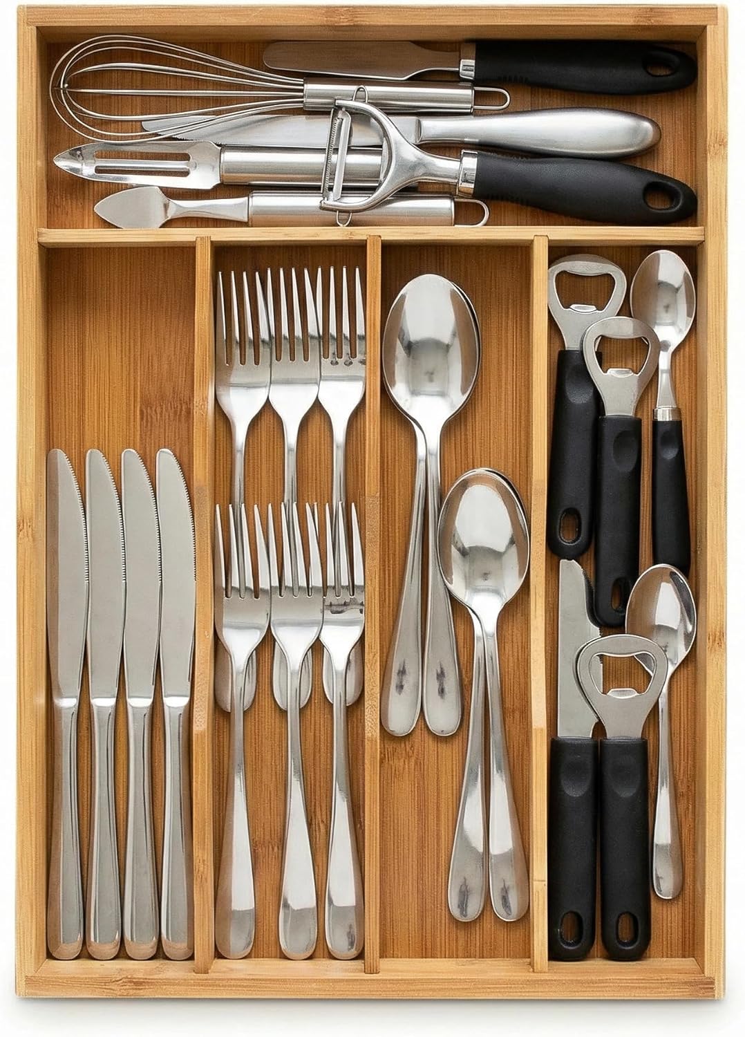 Bamboo Drawer Organizer - Expandable Kitchen Utensil Holder, Adjustable Silverware Drawer Organization, Kitchen Wooden Tray for Cutlery, Flatware & Stationery, 5-7 Slots (Natural)