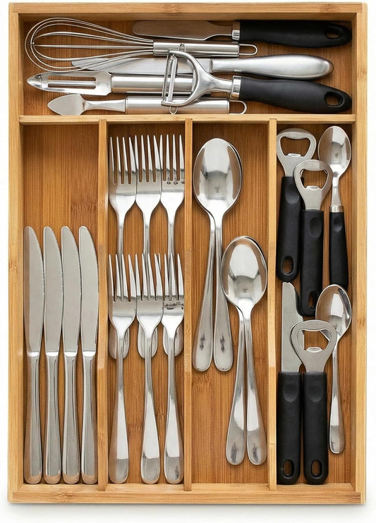 Bamboo Drawer Organizer - Expandable Kitchen Utensil Holder, Adjustable Silverware Drawer Organization, Kitchen Wooden Tray for Cutlery, Flatware & Stationery, 5-7 Slots (Natural)