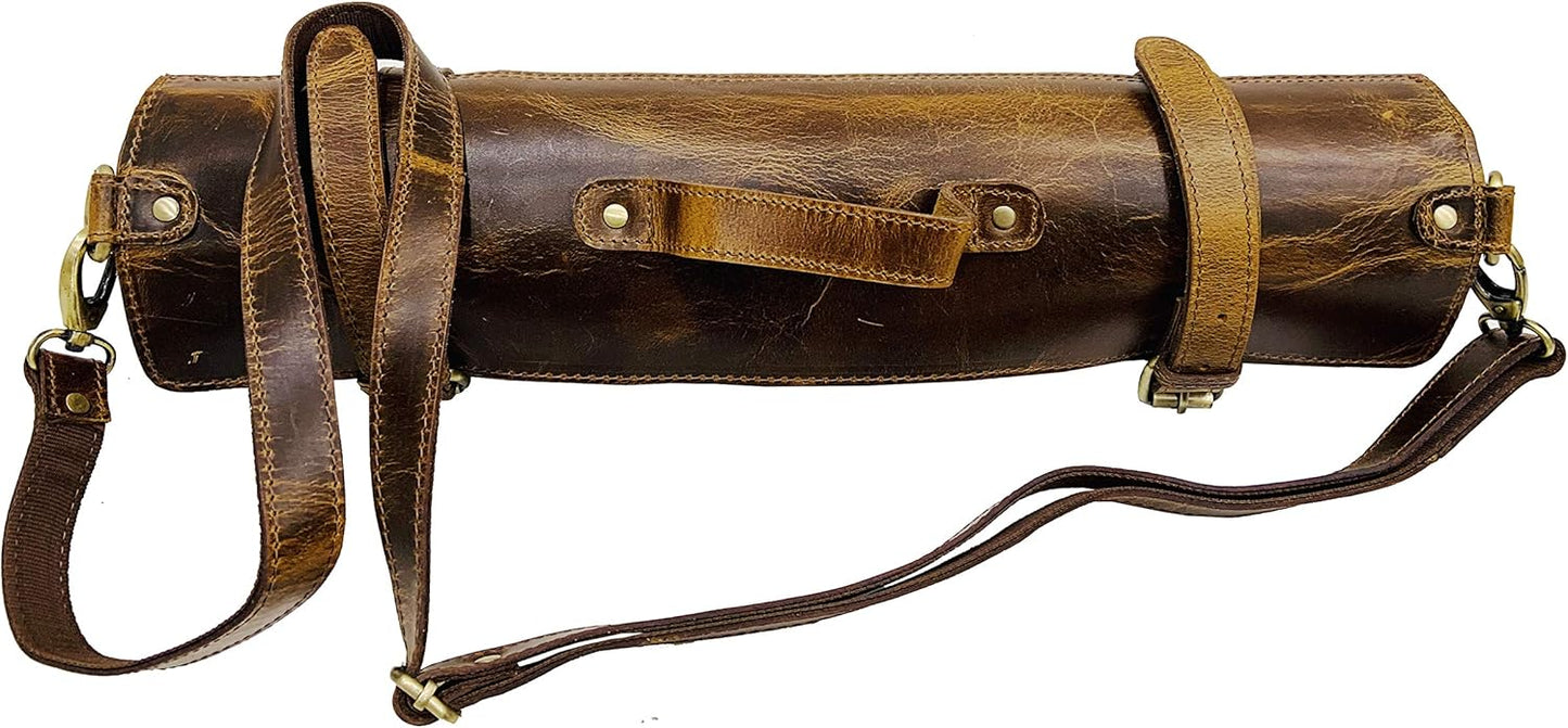 CREATIVE LEATHER ART Leather Knife Roll | Chef Knife Case | Tan Vintage Leather Knife Roll Bag