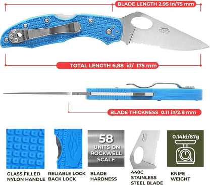 Firebird GANZO F759MS-BL Folding Pocket Knife 440C Stainless Steel Serrated Blade Anti-Slip Handle with Clip Fishing Camping EDC Utility Pocket Knife (Blue)