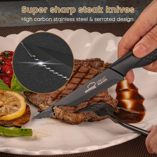 Amorston Steak Knives, Steak Knives Set of 8, Stainless Steel Steak Knife Set, Serrated Knives Dishwasher Safe, Elegant Black Mothers Day Gifts for Women