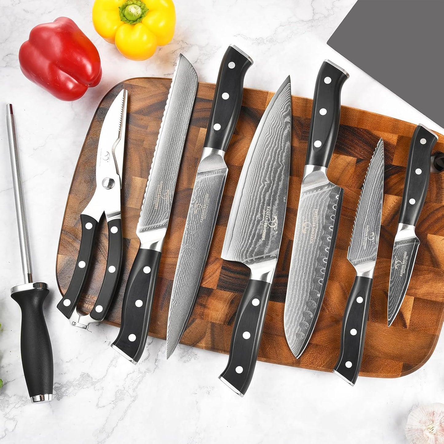NANFANG BROTHERS Knife Sets for Kitchen with Block, Damasucs Kitchen Knife Sets 9 Pieces with Ergonomic Triple Rivet Handle, Kitchen Knives for Chopping, Slicing, Dicing & Cutting