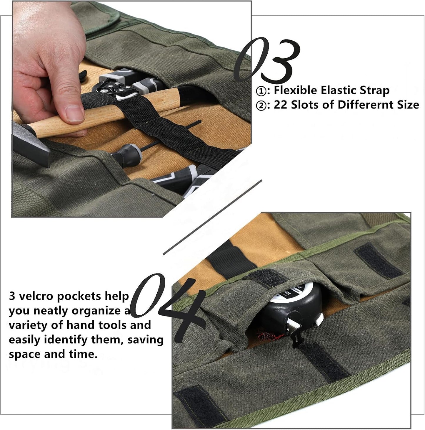 Wrench Tool Roll, Heavy Duty Waxed Canvas Multi-purpose Tool Pouch Bag With 25 Pockets, Easy Storage, Durable (Khaki)