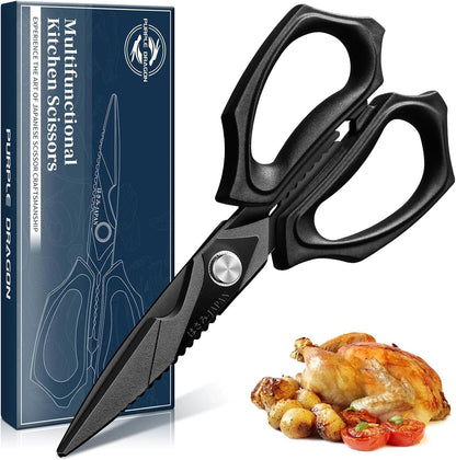 Purple Dragon Kitchen Scissors for Food - Stainless Steel Cooking Scissors All Purpose - Kitchen Shear Heavy Duty for Meat Cutting - Dishwasher Safe - Gifts for Men and Women - Black Sharp Blade