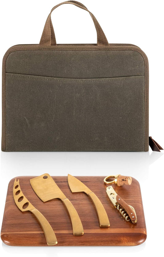 PICNIC TIME Monterey Travel Cheese Knife Set, Distressed Waxed Canvas Bag with Cheese Knives and Cutting Board, Portable Travel Utensils Case, Camping Cutlery with Waxed Canvas Case (Khaki Green)