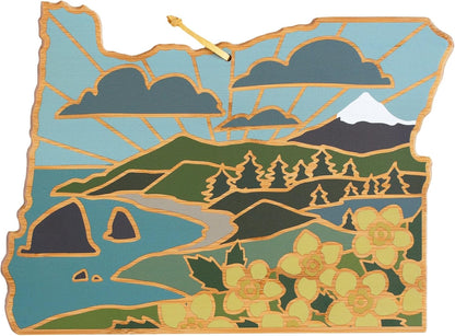 Totally Bamboo North Carolina State Shaped Cutting Board and Charcuterie Serving Platter with Artwork by Summer Stokes, Includes Hang Tie for Wall Display 18" x 8" x 5/8" - Colors B
