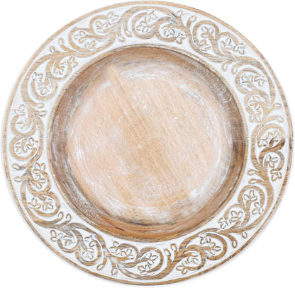 Mango Carving Wood Round Platters for Ottoman or Side Table, Charcuterie Board or Cheese Platter for Living Room (13" x 13" x 2" - White Wash)
