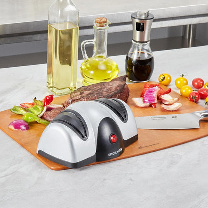 Restaurantware-Kitchen Tek 2-Stage Electric Knife Sharpener, 1 Straight-Edge Knife Sharpener With Diamond Grinding Wheel - 120 Voltage, Quick Sharpening, Gray Plastic, For Kitchen Knives