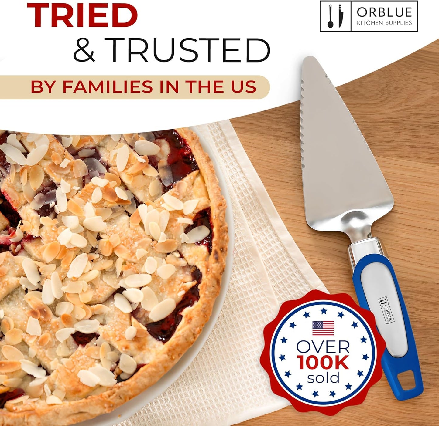 Orblue Pie Server, Essential Kitchen Tool, Serrated on Both Sides, Great for Right or Left Handed Chef, Stainless Steel Flatware , Cake Cutter,White