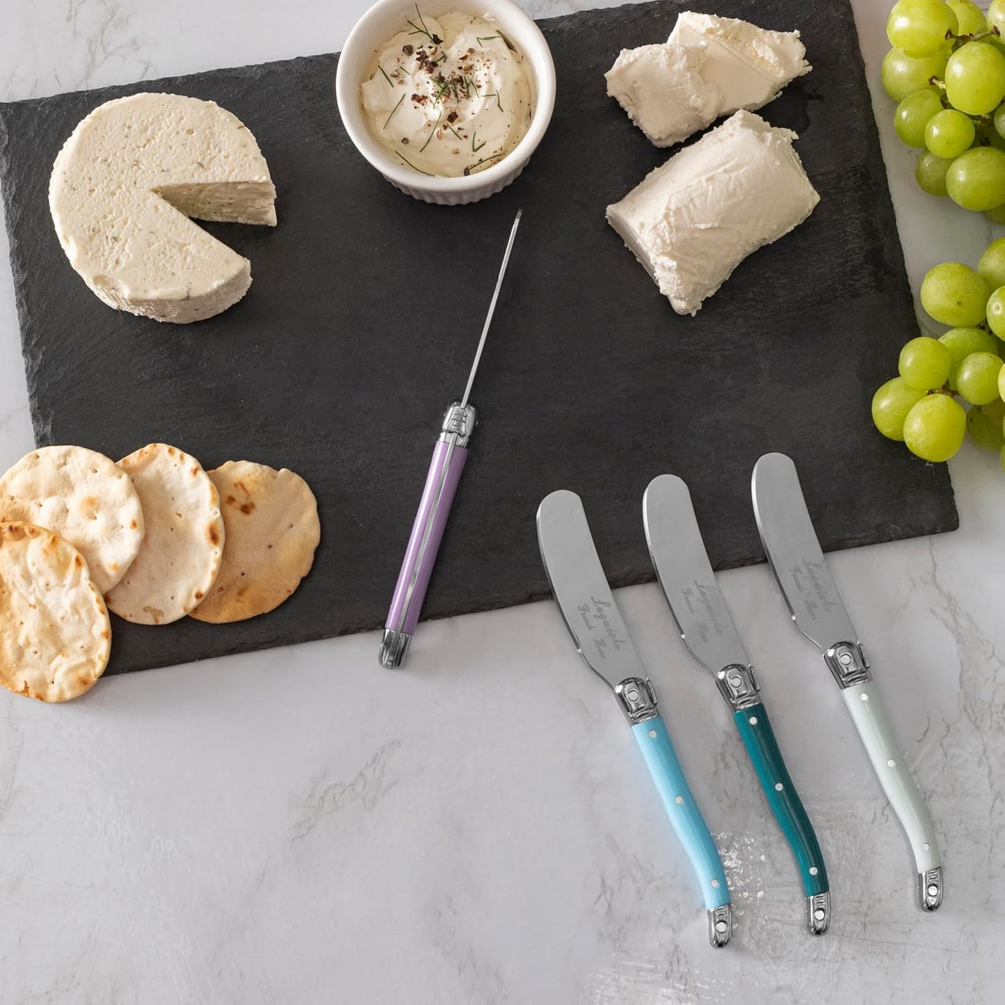 French Home Laguiole Spreader Set – 8 Piece Cheese & Butter Spreader Set with Blue and Cream Handles – Elegant & Practical Charcuterie Tools (6.25")