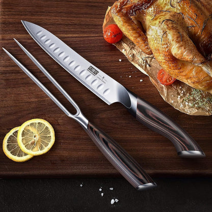 HOSHANHO 8 Inch Carving Knife & 7 Inch Fork Set, Professional Japanese High Carbon Steel Razor Sharp Butcher Brisket Slicing Knife Set for Meat Cutting, BBQ