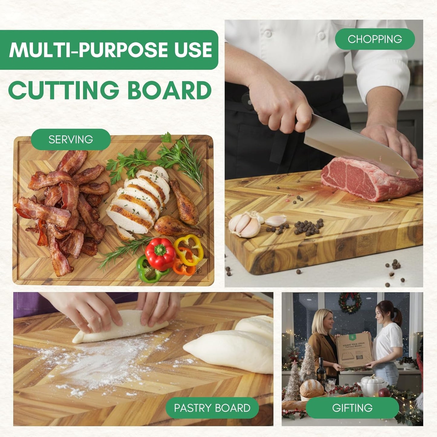 End Grain Acacia Wood Cutting Boards for Kitchen, 1.5 in Thick Butcher Block Construction for Stability, 15 x 10 in Medium Cutting Boards with Gift Box, Juice Groove and Handle