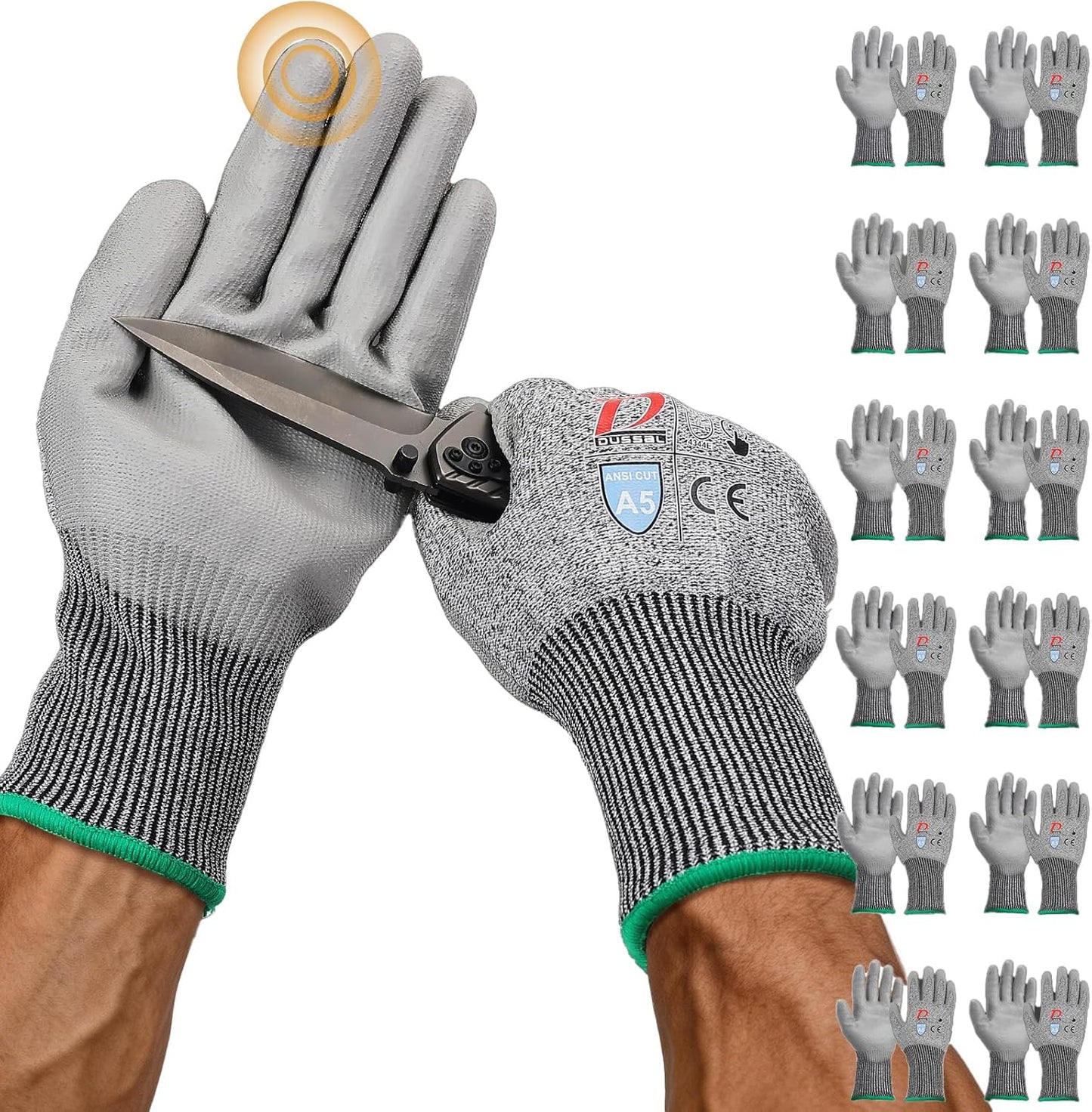 ANSI A5 Cut Resistant Glove, 12 pairs, Cut Proof Gloves with PU Coating and steel reinforcement, Touch-Screen Compatible, Used for Metal Fabrication, Mechanic, Gardening, Thin & Lightweight, XX-Large