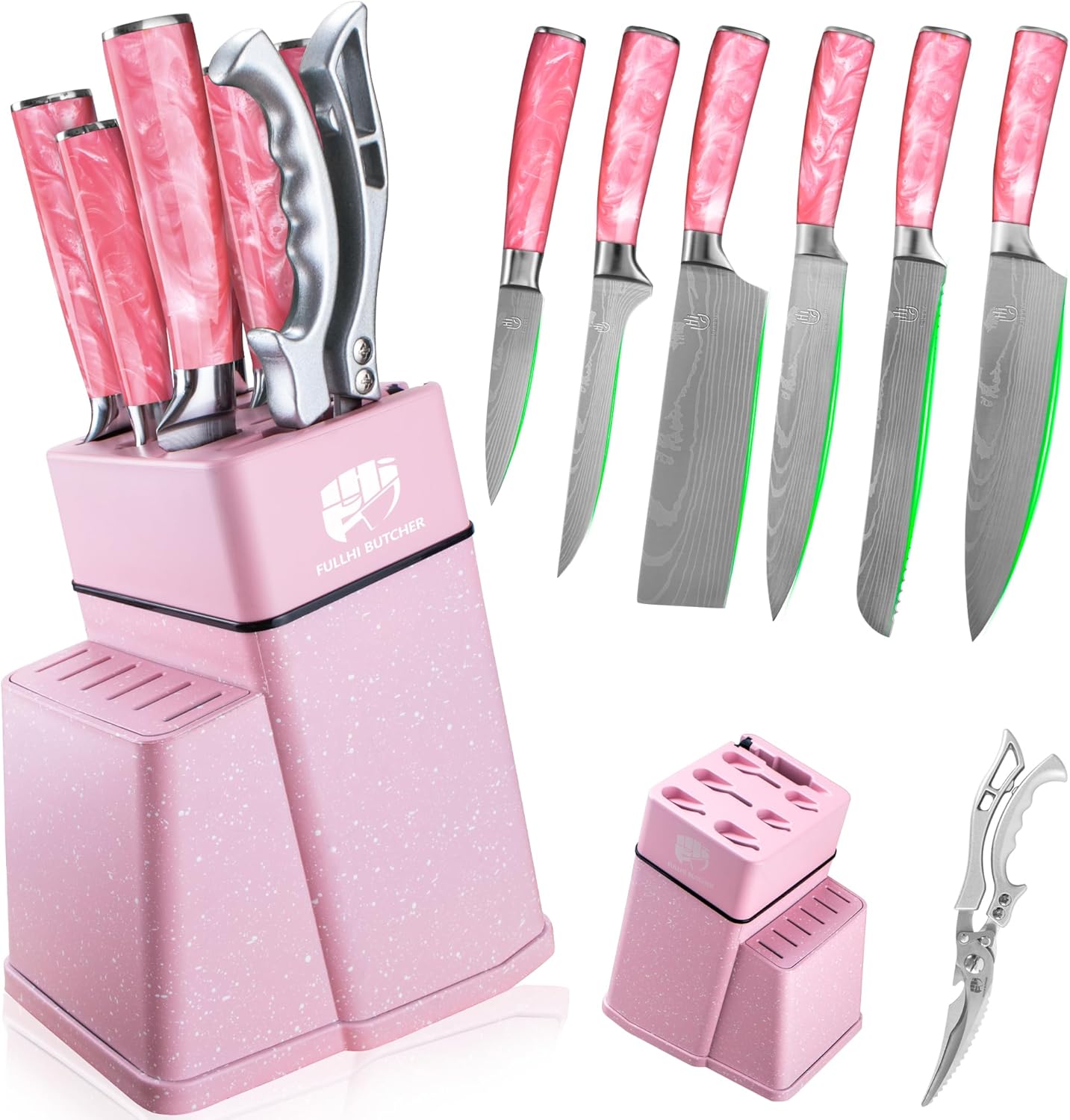 FULLHI 8pcs block Knife Set,chef's Knves Set with Block and Sharpener, Kitchen Knife Set,Multi-colour Handle, Gifts for Men Women
