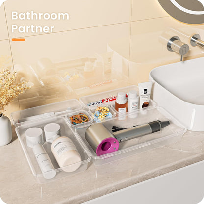 A-LuGei 【Military Grade Drawer Organizer, 【𝟱𝗦𝗶𝘇𝗲】 Makeup organizer, 【Holds 177 Items】 Bathroom Organizers and Storage, Organization and Storage, Desk Drawer Organizer for Vanity (Clear Black)
