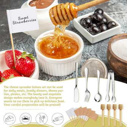 Charcuterie Boards Accessories 64Pcs Cheese Butter Spreader Knives Set Charcuterie Utensils Mini Serving Spoons and Forks Small Serving Tongs Sauce Cups Honey Dippers Toothpick Flags for Pastry Making