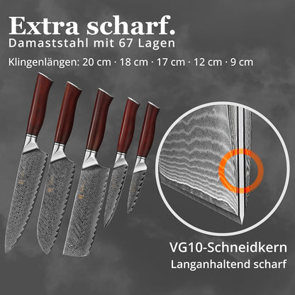 Wakoli Damascus Chef Knife Set with Magnetic Block – 5-Piece Professional Kitchen Knife Block Set, Genuine 67-Layer Damascus Steel Blades with VG10 Core & Ergonomic Sycamore Wood Handles
