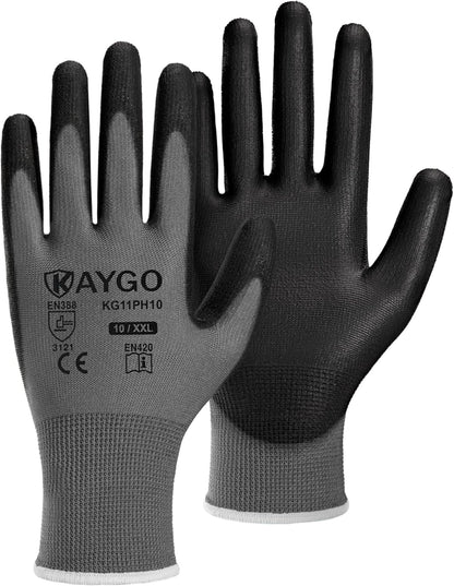 KAYGO Work Gloves for Men and Women,12 Pairs Seamless Knit PU Coated Safety Gloves, with Smooth Grip on Palm and Fingers, Ideal for Light Warehouse, Manufacturing, Gardening, KG11P (M, Black)