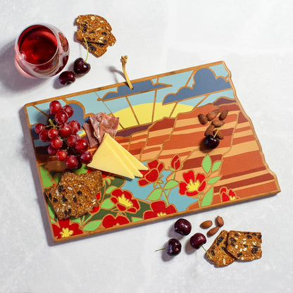 Totally Bamboo North Carolina State Shaped Cutting Board and Charcuterie Serving Platter with Artwork by Summer Stokes, Includes Hang Tie for Wall Display 18" x 8" x 5/8" - Colors A