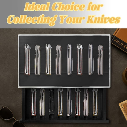 Knife Display Case,2 Tier Wooden Pocket Knife Collection Case with Acrylic Lid, Pocket Knife Storage Drawer Organizer, Walnut