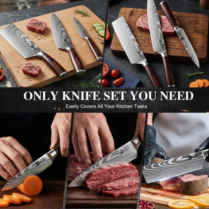 Dfito Kitchen Knife Set, 15 Pieces Knife Set with Block and Sharpener, High Carbon Stainless Steel Chef Knives Set with Red Pakkawood Handle for Home Cooking, Dishwasher Safe