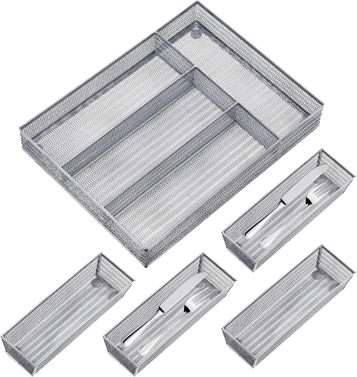 Neudeco Silverware Organizer,Mesh Drawer Organizer for Kitchen，Metal Utensil Organizer for Flatware, Knives, Spoons,Cosmetic (Silver 9 * 3 * 2 inch Pack6)