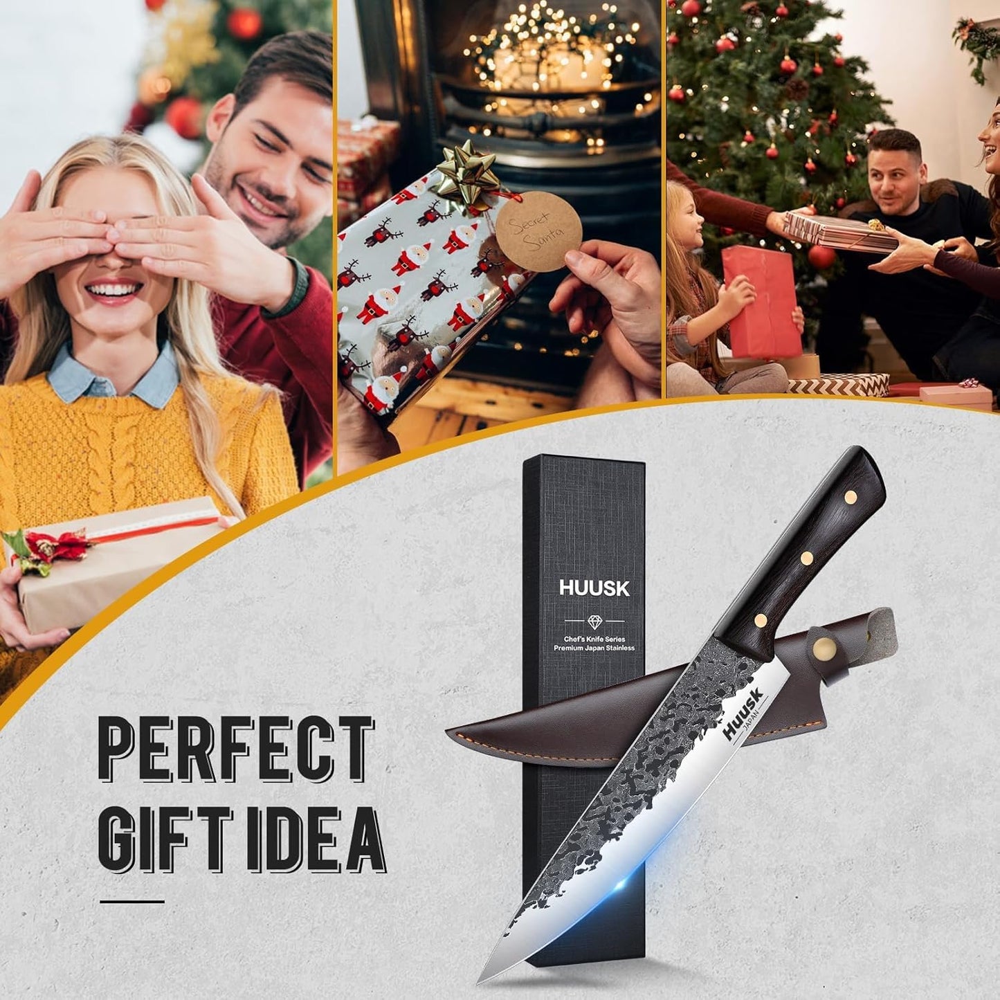 Huusk Hand Forged Chef Knife Set, High Carbon Steel Butcher Knife Set, Japanese Kitchen Knives for Home, Outdoor BBQ Camping Cooking, Gift Idea for Men