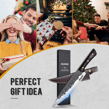 Huusk Hand Forged Chef Knife Set, High Carbon Steel Butcher Knife Set, Japanese Kitchen Knives for Home, Outdoor BBQ Camping Cooking, Gift Idea for Men