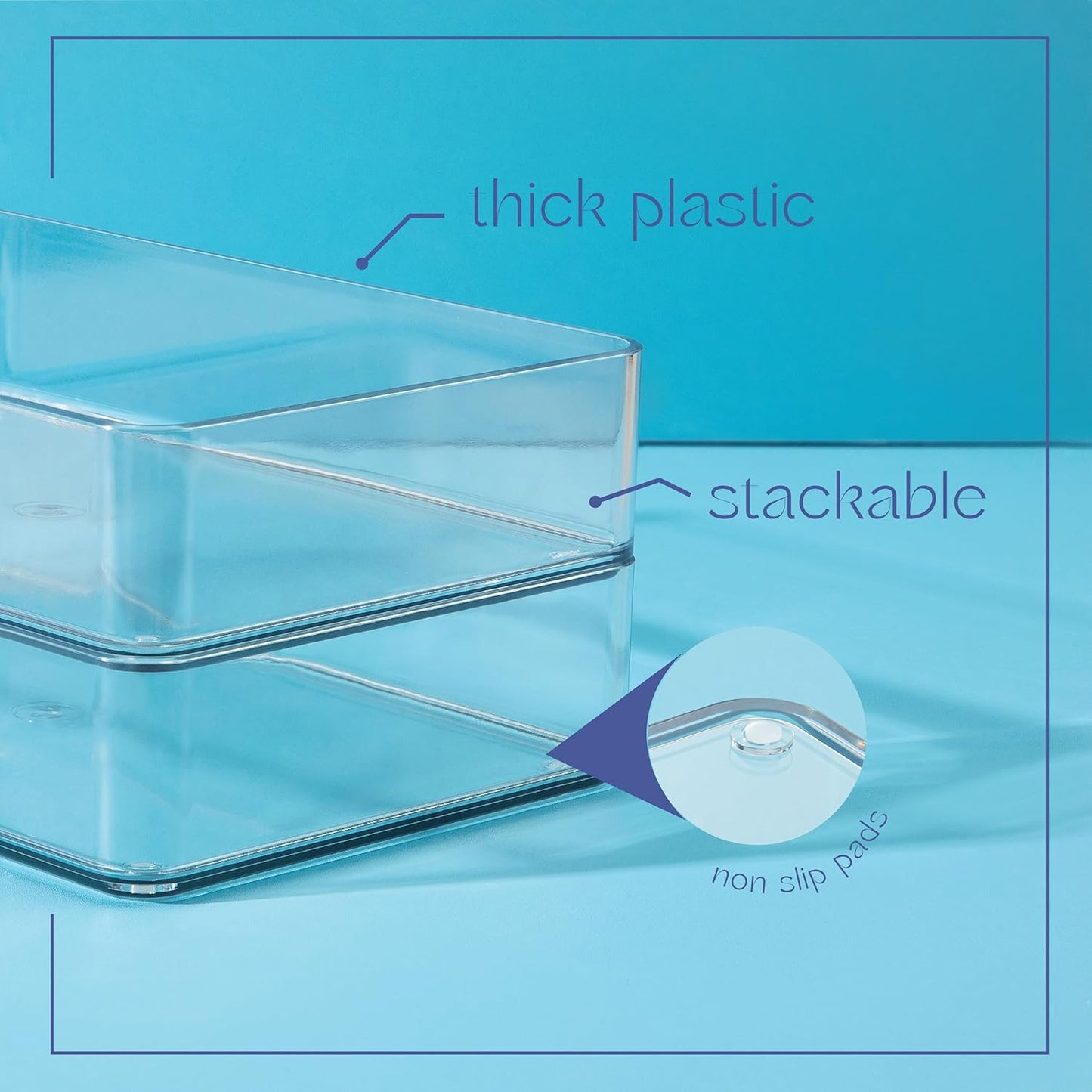 primebox Six Pcs. Plastic Clear Drawer Organizers. Stackable Storage Trays for Kitchen Utensils and Silverware. 2 Sizes. Stackable
