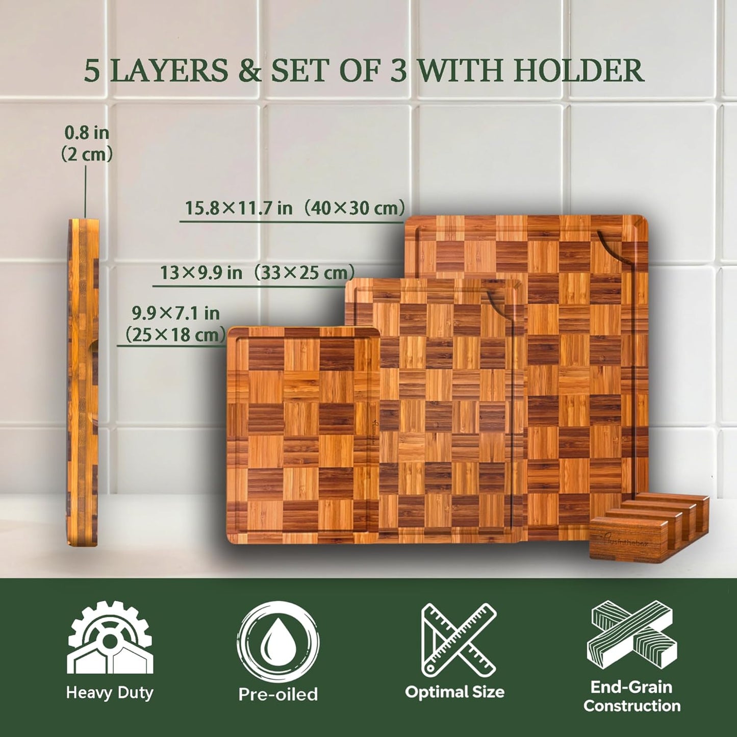 Cutting Board,Heavy Duty Cutting Board Set of 3 with Stand,End Grain Butcher Block Cutting Boards for Kitchen with Juice Grooves and Handles for Meat, Cheese, Charcuterie and Serving
