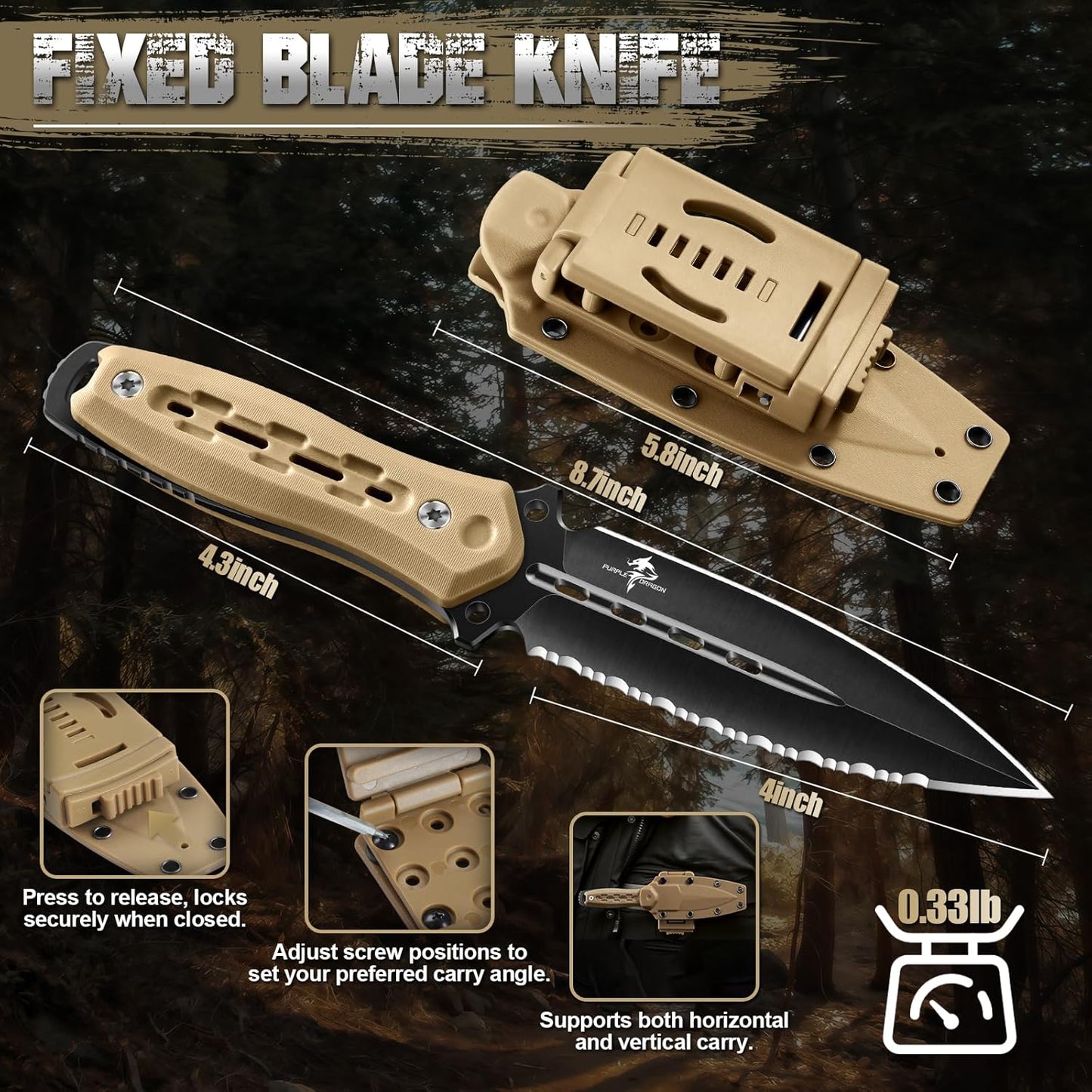 Purple Dragon Fixed Blade Knife with Kydex Sheath,440C Steel Full Tang Outdoor Utility Knife with G10 Handle for Camping, Hiking,Bushcraft & Outdoor Use-Black