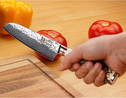 SUNLONG Usuba & Nakiri Knife 6.5 inch Fruit and Vegetable Knife Japanese Hammered Damascus Steel Super sharp - Natural Deer Horn Handle