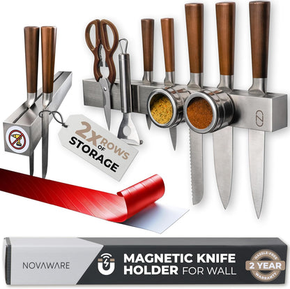 16" Magnetic Knife Holder for Wall with 2x Storage - Safe, Patented Design - Stainless Steel Knife Magnetic Strip, Under Cabinet Knives Storage - Magnet Strip Rack Kitchen Utensil Organizer