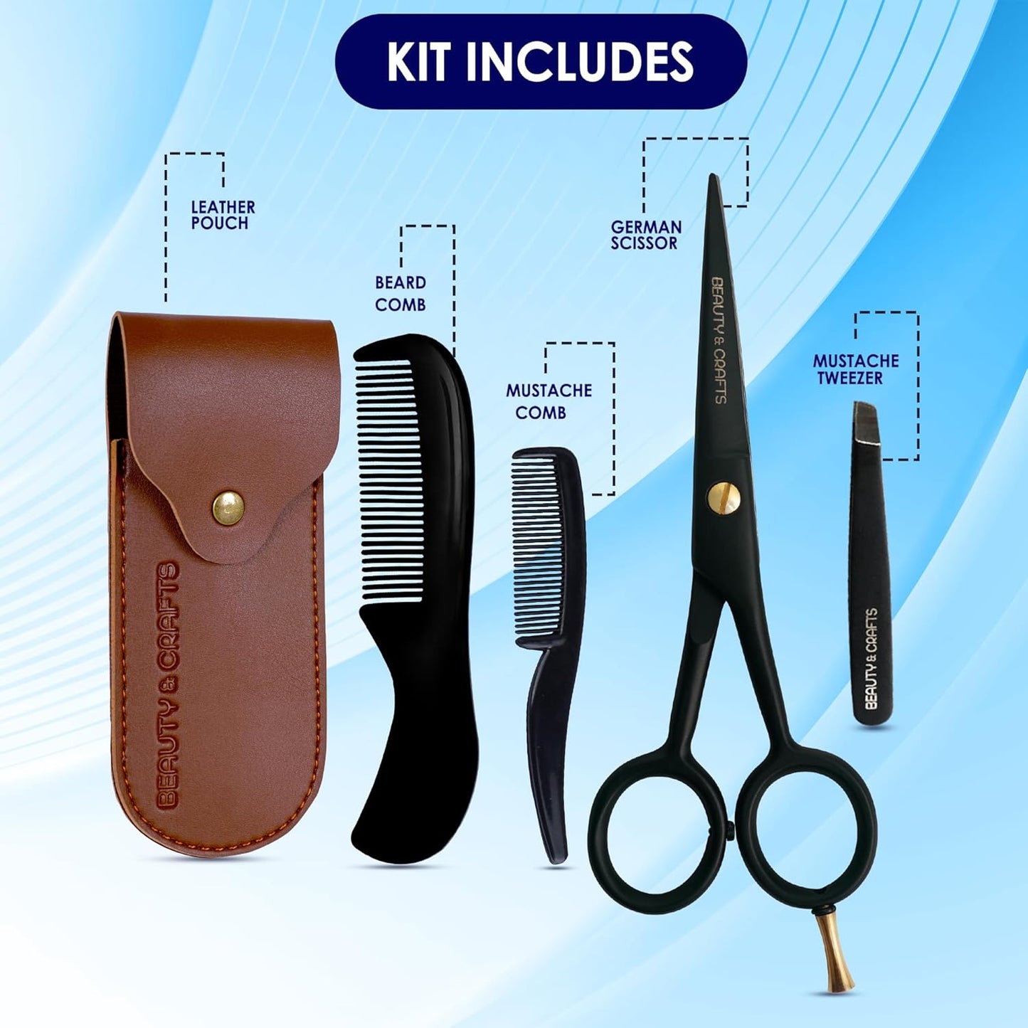 Beauty & Crafts 5” Professional Beard & Mustache Scissors for Men | German Stainless Steel Beard Trimming Shears with 2 Mustache Combs & Premium Pouch for All Facial Hair (Black)