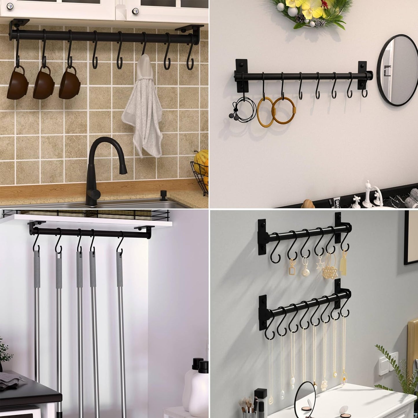 Dseap Kitchen Utensil Holder Hanger, Pot and Pan Rack Wall Mounted, Kitchen Rail with 8 Hooks for Hanging Cooking Utensils, Mugs, Spoons, Wall Mounted, Silver