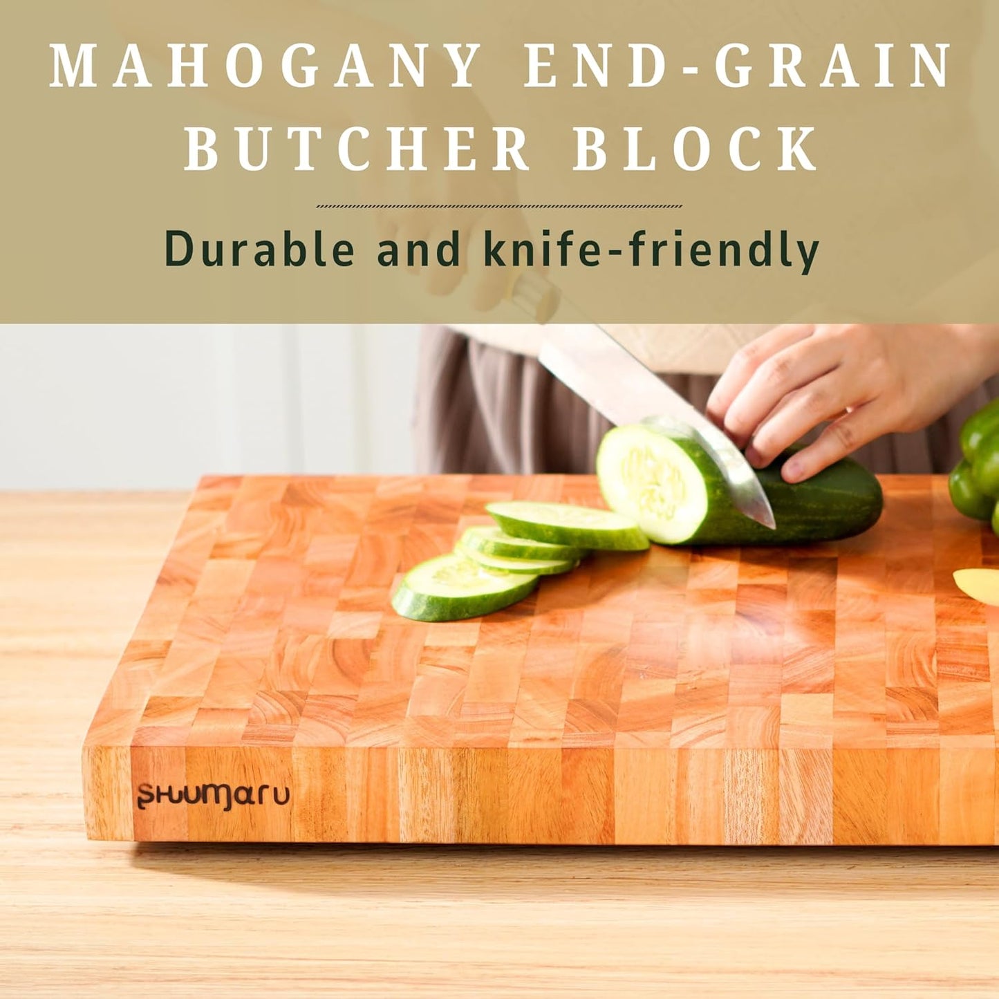 SHUMARU Mahogany End Grain Cutting Board, 17×13×1.6 in – Handmade Butcher Block, Knife-Friendly, Juice Groove, Non-Slip Feet