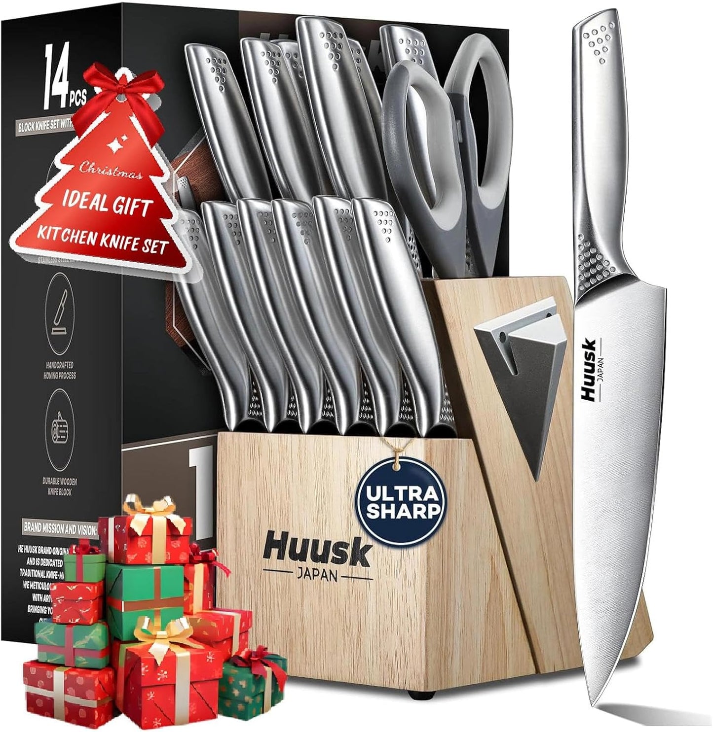 Huusk Knife Set with Block and Sharpener, 14 Pcs Japanese Stainless Steel Kitchen Knife Sets Dishwasher Safe, Sharp Silver Professional Knives Set with Box for Kitchen, Gifts for Men Women