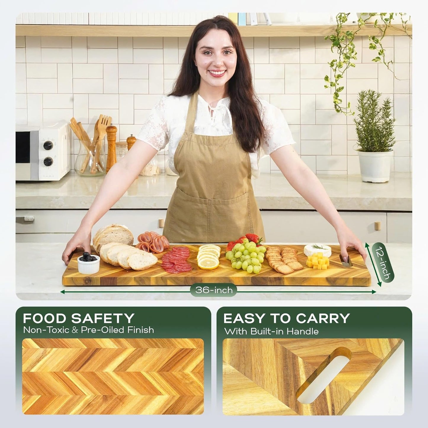Howizz Acacia Wood Large Cutting Board, Thick End Grain Solid Wood Butcher Block For Kitchen, Non Toxic Pre-Oiled Carving Tray w/Juice Grooves and Easy Grip Handle, 20"x15"x1" (Gift-Ready Box)