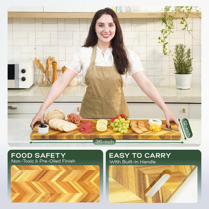 Howizz Acacia Wood Large Cutting Board, Thick End Grain Solid Wood Butcher Block For Kitchen, Non Toxic Pre-Oiled Carving Tray w/Juice Grooves and Easy Grip Handle, 20"x15"x1" (Gift-Ready Box)