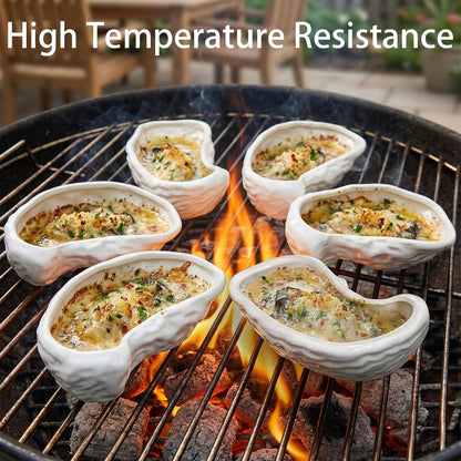 Fasmov 6 Pcs Ceramic Oyster Shells, Reusable Oyster Grilling Shells, Large Clam Baking Dish Platter Plate for Cooking Shrimp, Scallops, Clams & All Kinds of Seafood